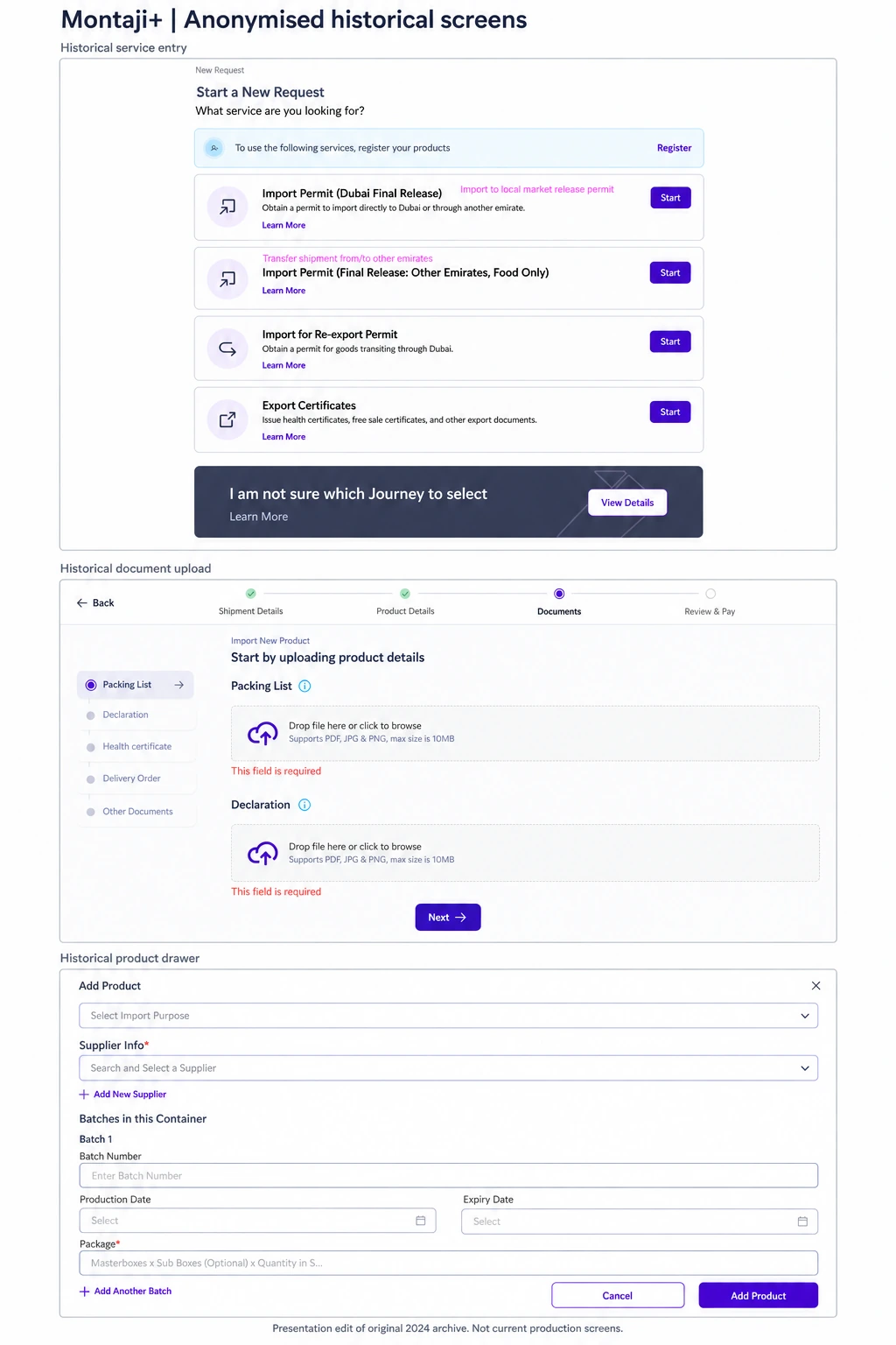 Service entry, document upload and product drawer