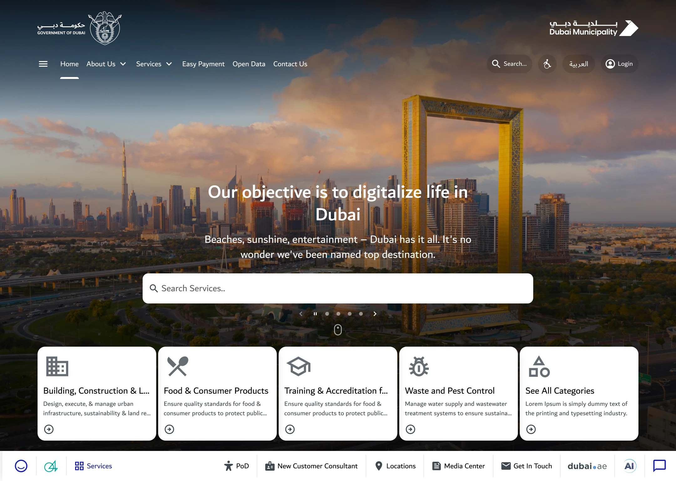 Original Dubai Municipality portal homepage and guided service discovery